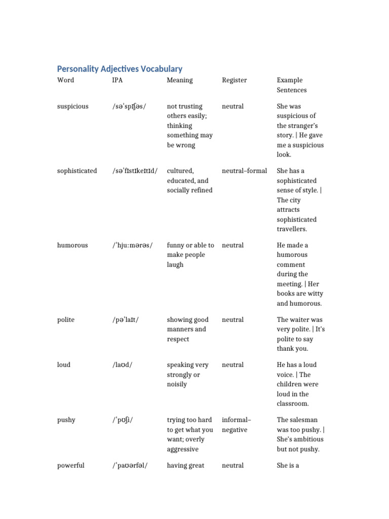 Personality Adjectives Table | PDF | Languages | Foreign Language Studies