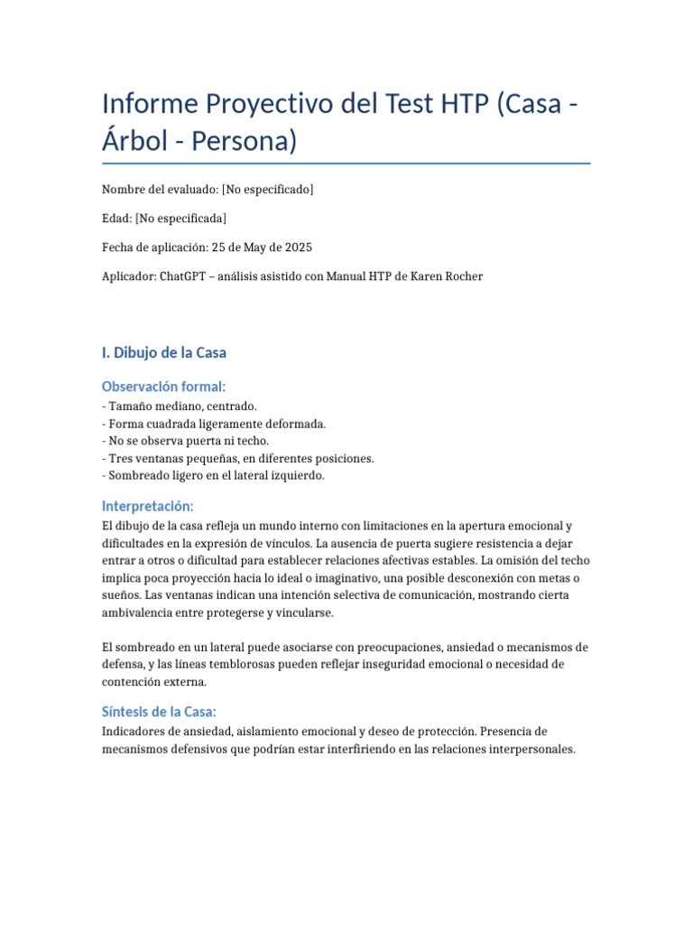 Informe Proyectivo HTP | PDF | Las emociones | Sicología