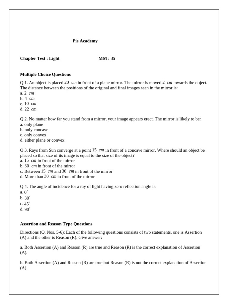 Ch 9 Light Reflection & Refraction Test | PDF | Mirror | Optics