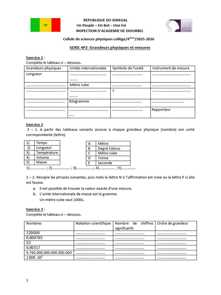 SERIE 4P2:Grandeurs Physiques Et Mesures | PDF | Mètre | Grandeur physique