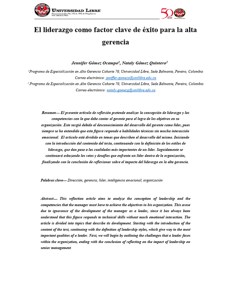 El Liderazgo Como Factor Clave de Éxito para La Alta Gerencia | PDF ...