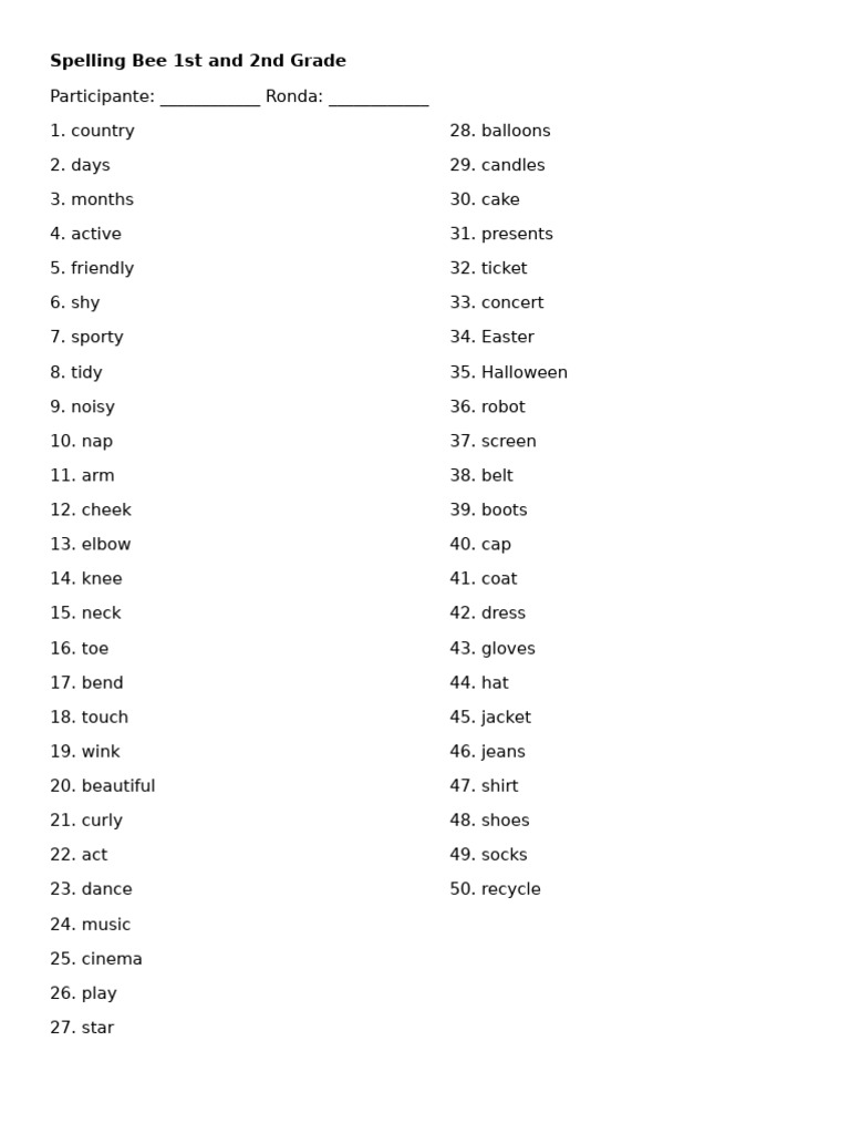 Spelling Bee 1st and 2nd Grade | PDF