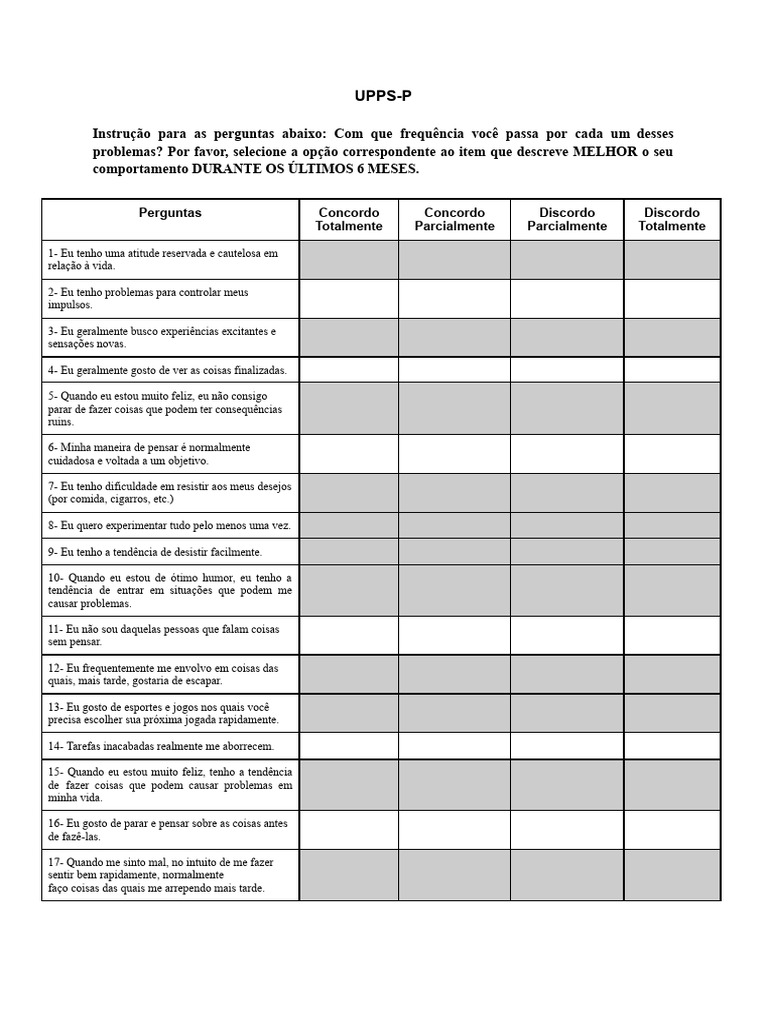 Escala de Comportamento Impulsivo (UPPS-P) | PDF | Atitude (Psicologia)