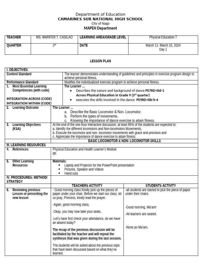 Detailed Lesson Plan Physical Education 7 Day 1 | PDF | Stress (Biology ...