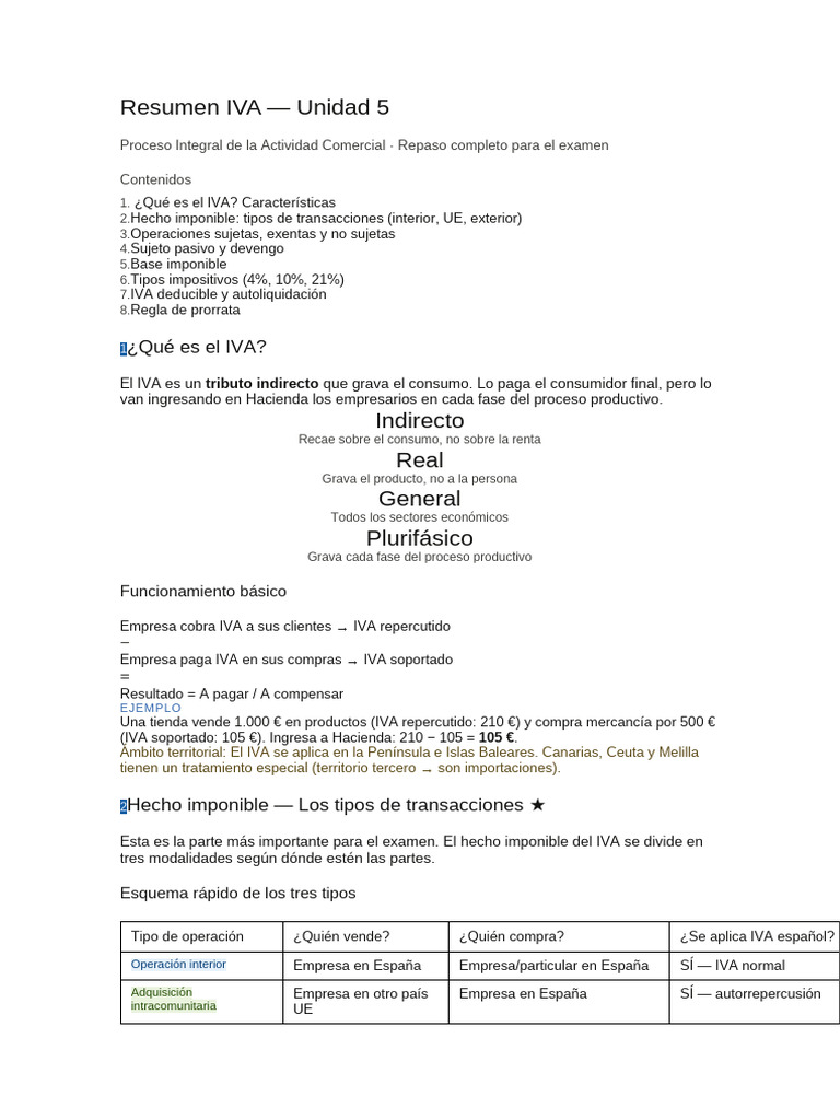 Resumen IVA TEMA 5 | PDF | Factura | Impuesto al valor agregado