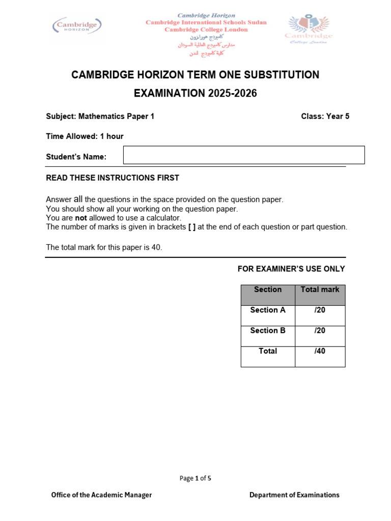 Year5 - Math Paper1 - Substitution Exam - Term1 - 2025 - 2026 | PDF ...