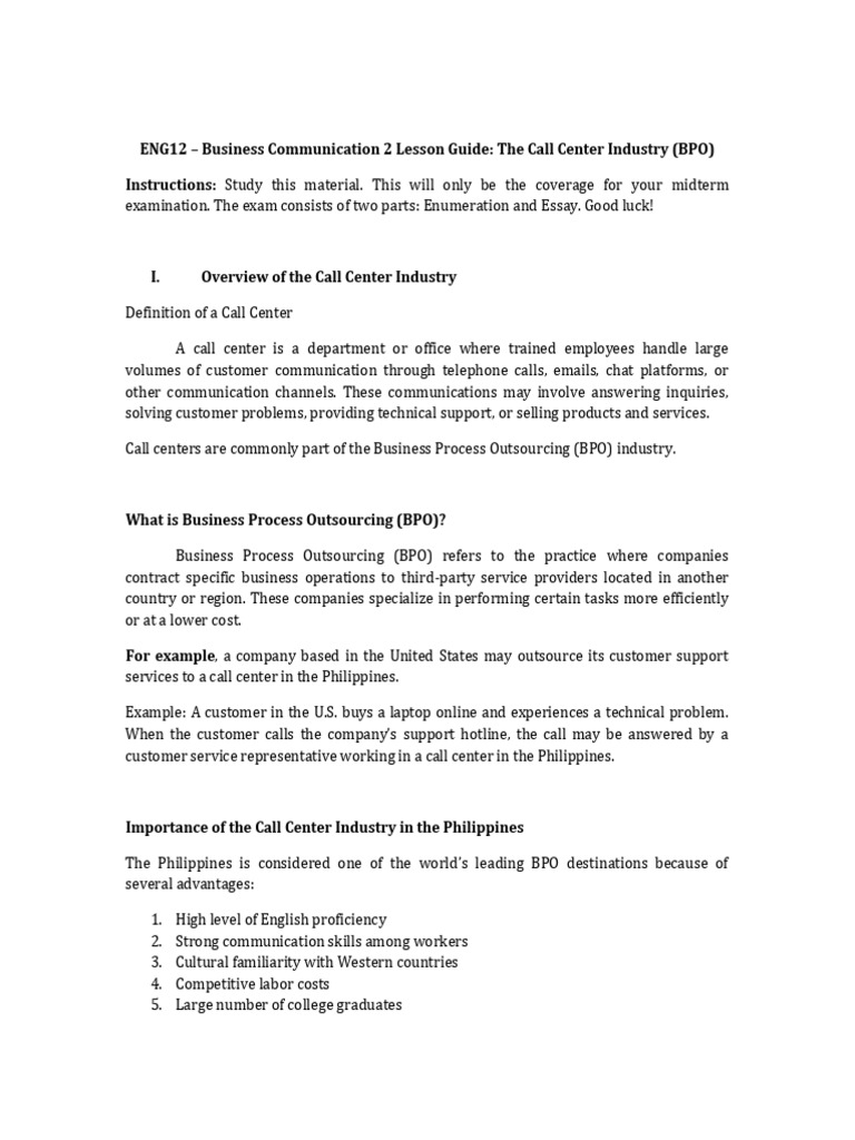 BPO Industry (Midterm Material) | PDF | Call Centre | Outsourcing