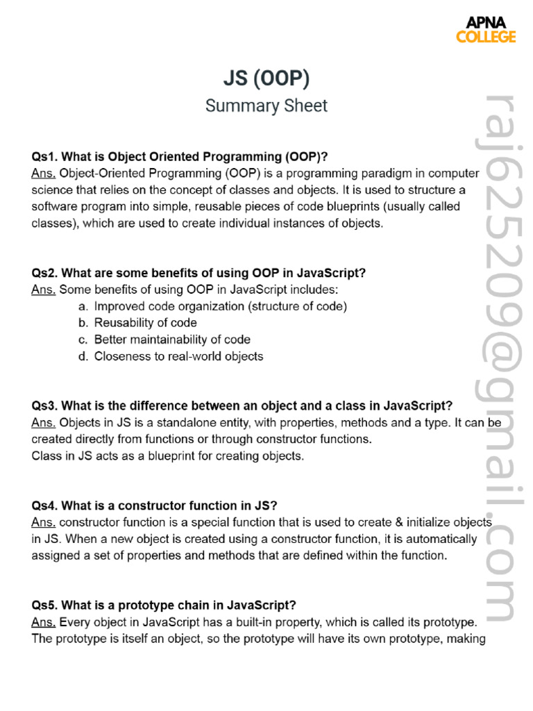 Oops Js Summary Sheet | PDF