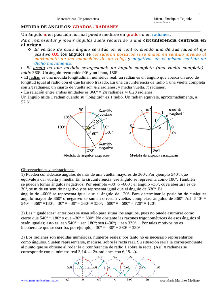 Angulos Grados Radianes | PDF | Ángulo | Trigonometría