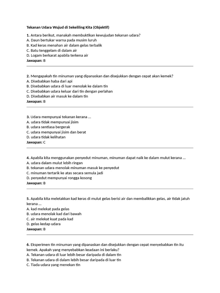 Tekanan Udara Wujud Di Sekeliling Kita Soalan Objektif | PDF