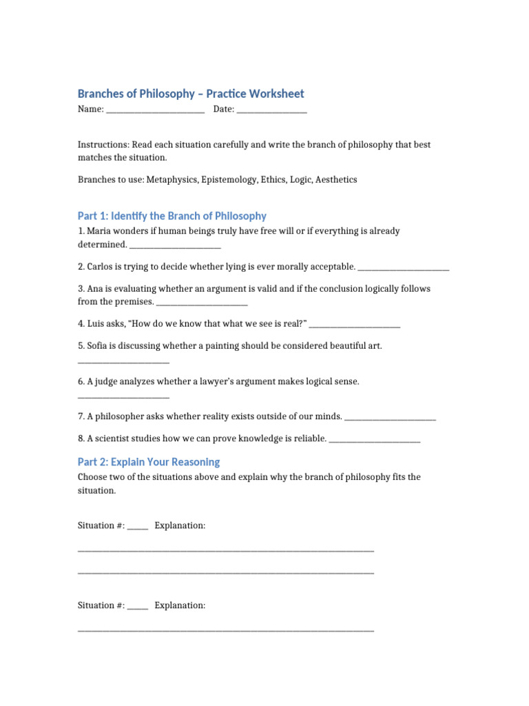 Branches of Philosophy Worksheet | PDF