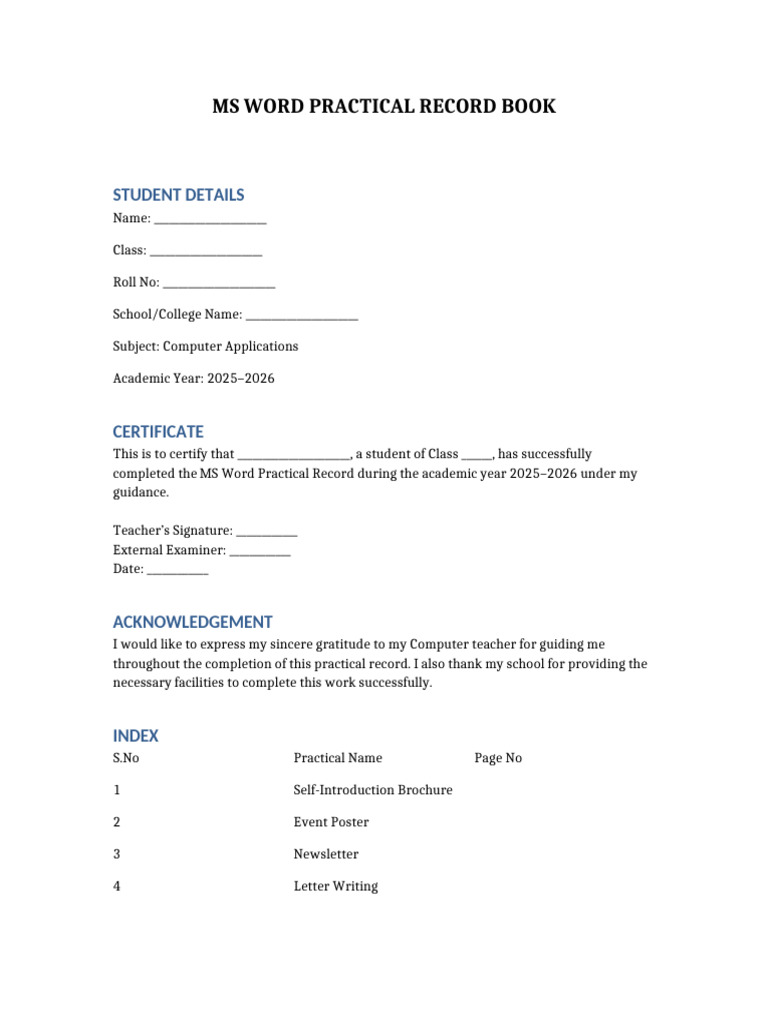 MS Word Practical Record Book | PDF | Microsoft Word