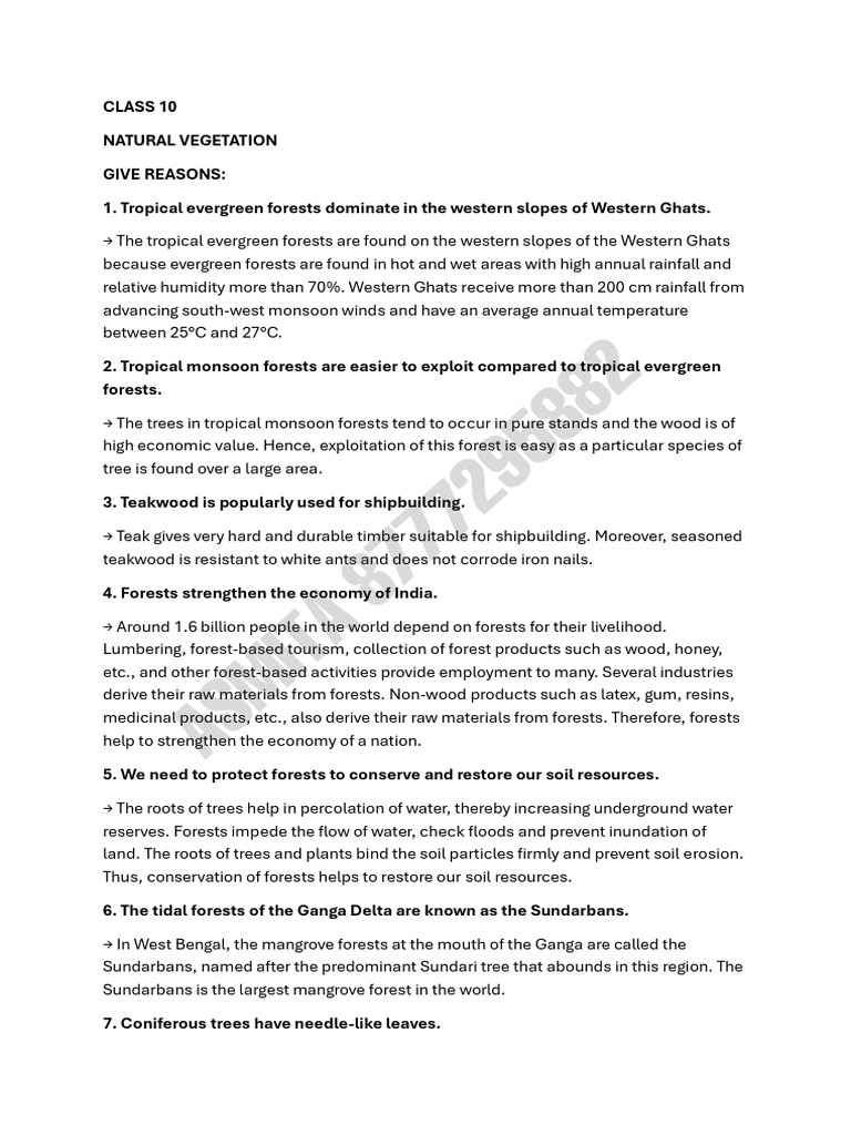 Natural Vegetation Give Reasons Class 10 Geography | PDF | Trees | Forests