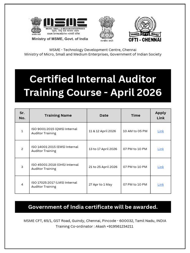 Internal Auditor Training Schedule - April 2026 | PDF
