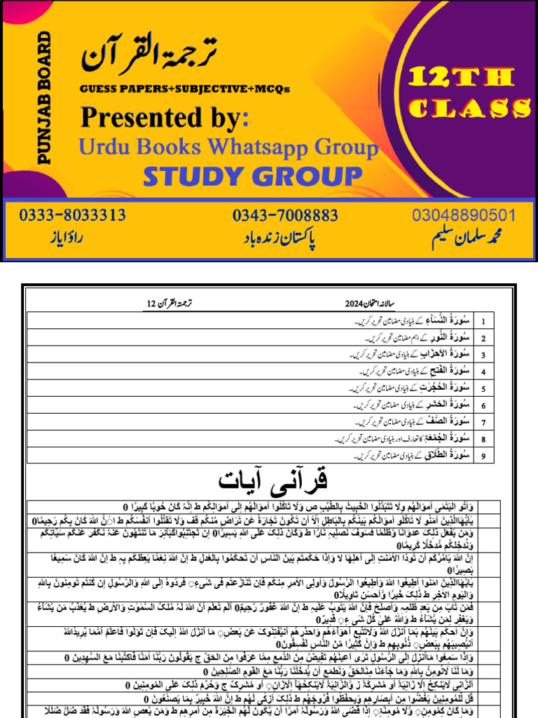 12th Tarjama Tul Quran Guess Papers +subjective + MCQs by Urdu Books | PDF
