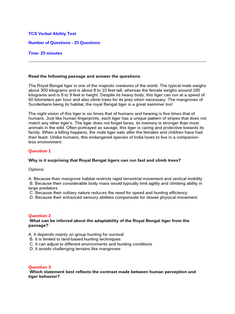 TCS Verbal Ability Test 1 for Students | PDF | Tiger | Predation