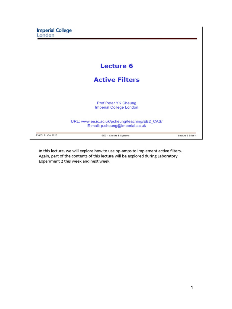 Lecture 6 - Active Filters (Notes) | PDF | Electronic Filter | Low Pass ...