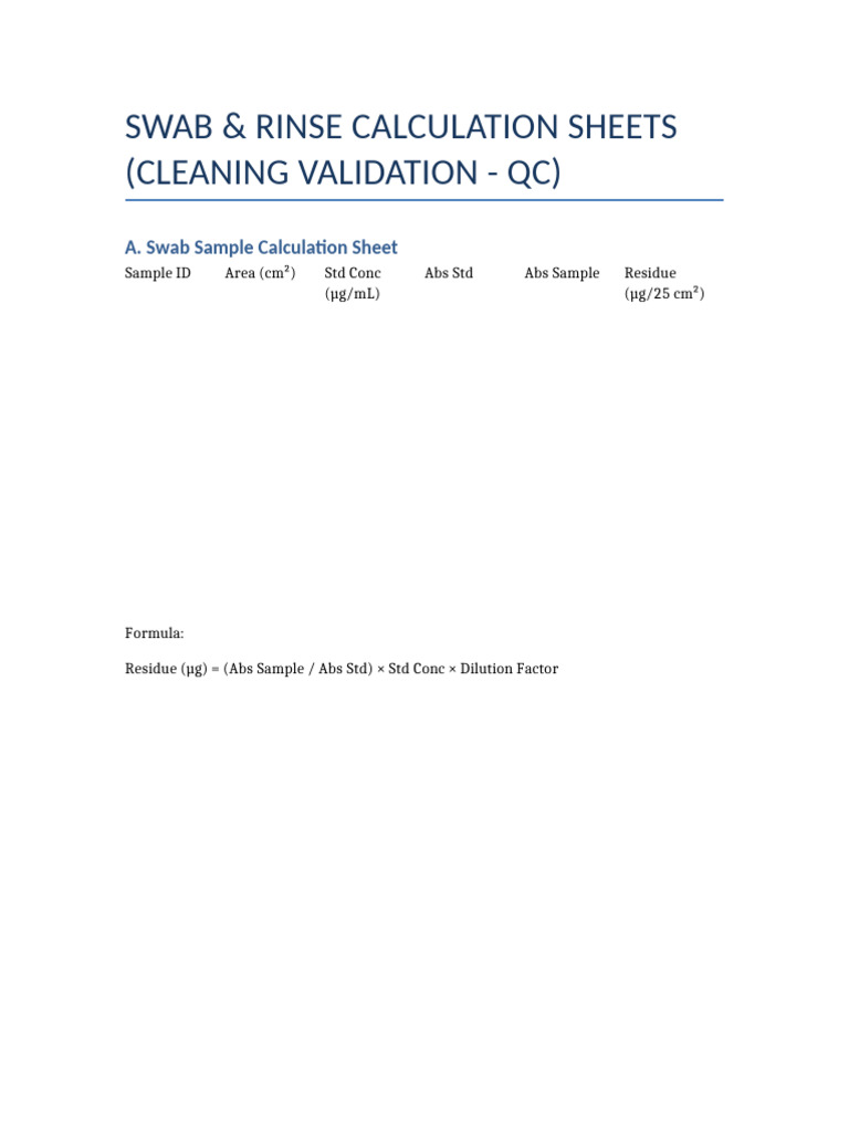 Swab Rinse Calculation Sheets | PDF