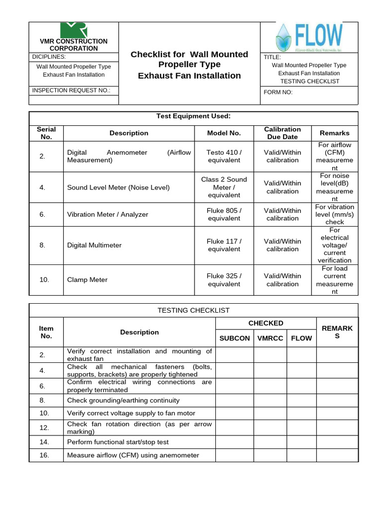 Checklist Wall Mounted Exhaust Fan Installation | PDF | Electrical ...