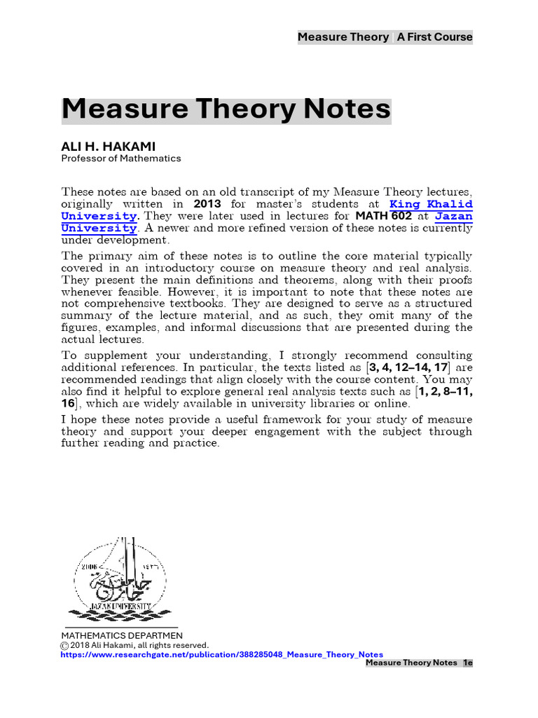 MeasureTheoryMath602_JU_RG | PDF | Measure (Mathematics) | Measure Theory