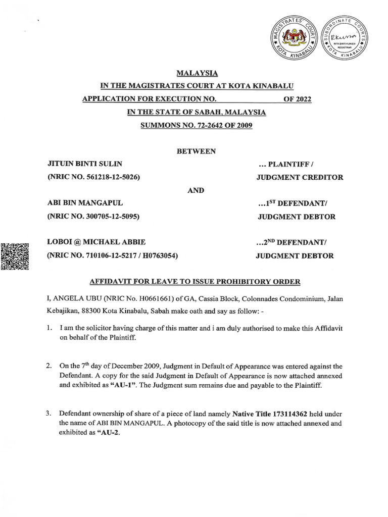 Affidavit for Leave to Issue Prohibitory Order Enclosure No. 8 | PDF