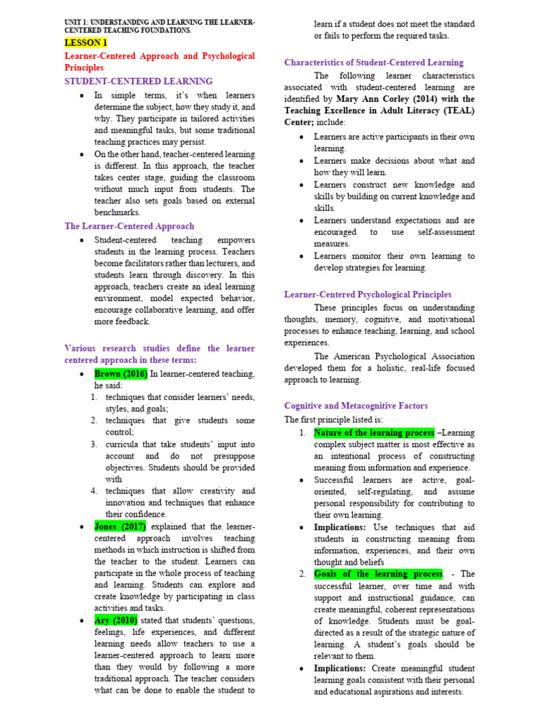 UNIT 1: UNDERSTANDING AND LEARNING THE LEARNERCENTERED TEACHING ...