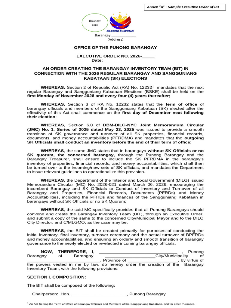 BSKE 2026_Annex a - Sample Executive Order | PDF | Government
