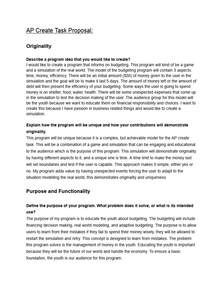 AP Comp Sci_ Create Task Proposal | PDF | Simulation | Money