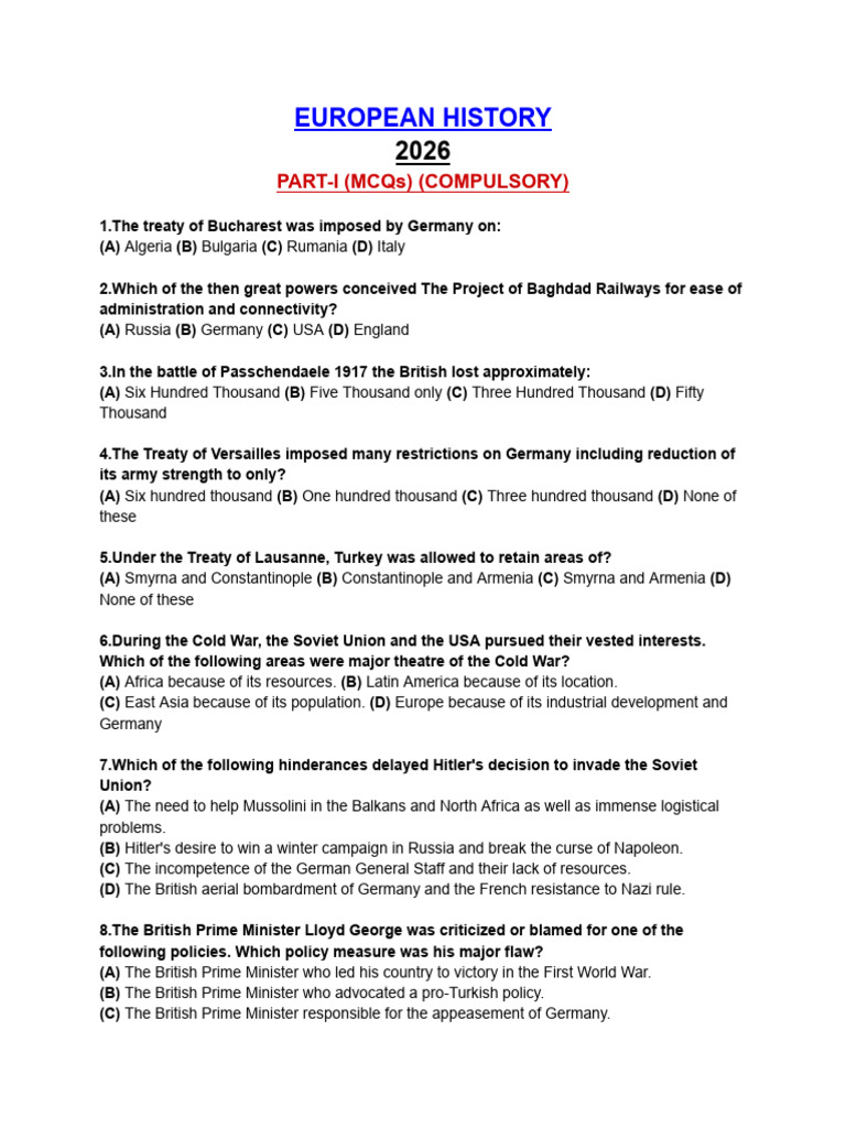 EUROPEAN HISTORY MCQs | PDF | International Relations