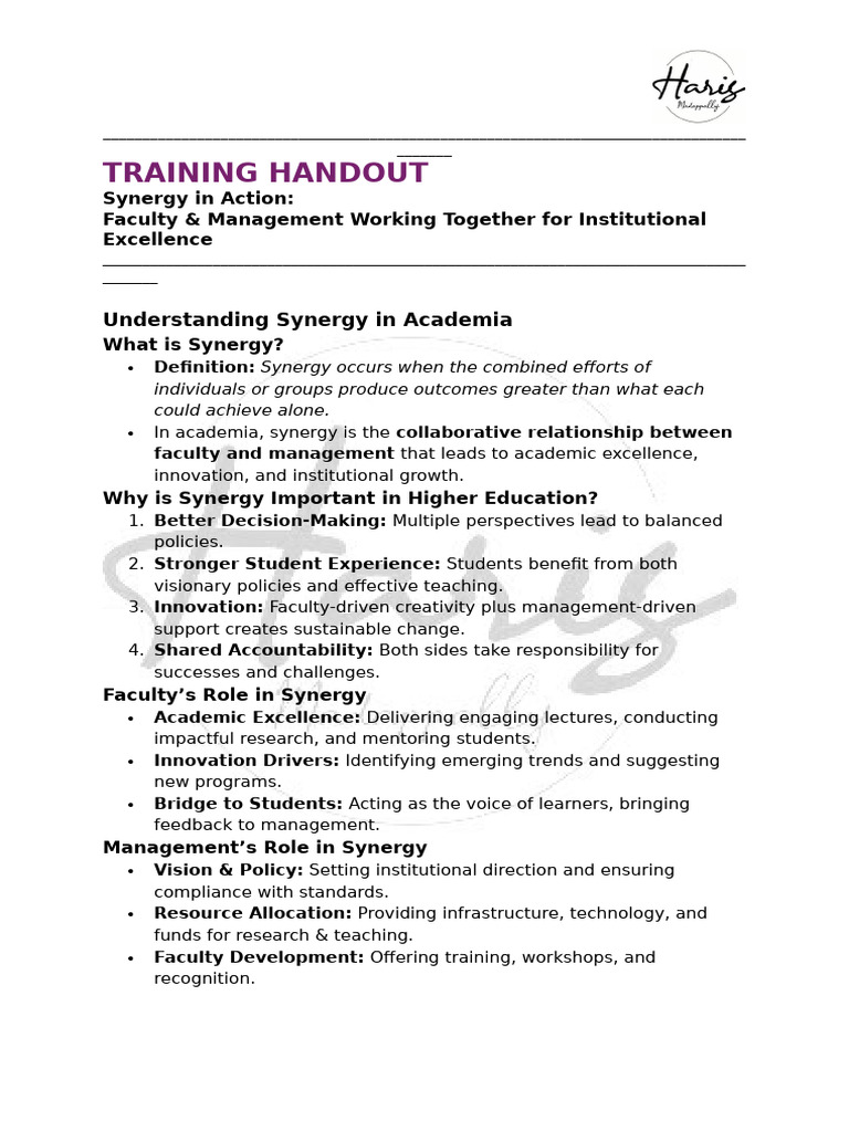 SYNERGY in ACTION_ Amal Training Handout | PDF | Pedagogy | Mentorship