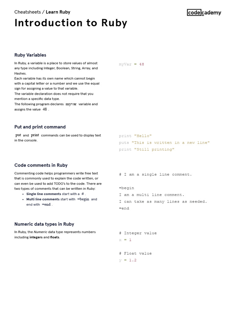 Learn Ruby_ Introduction to Ruby Cheatsheet _ Codecademy | PDF | Data ...