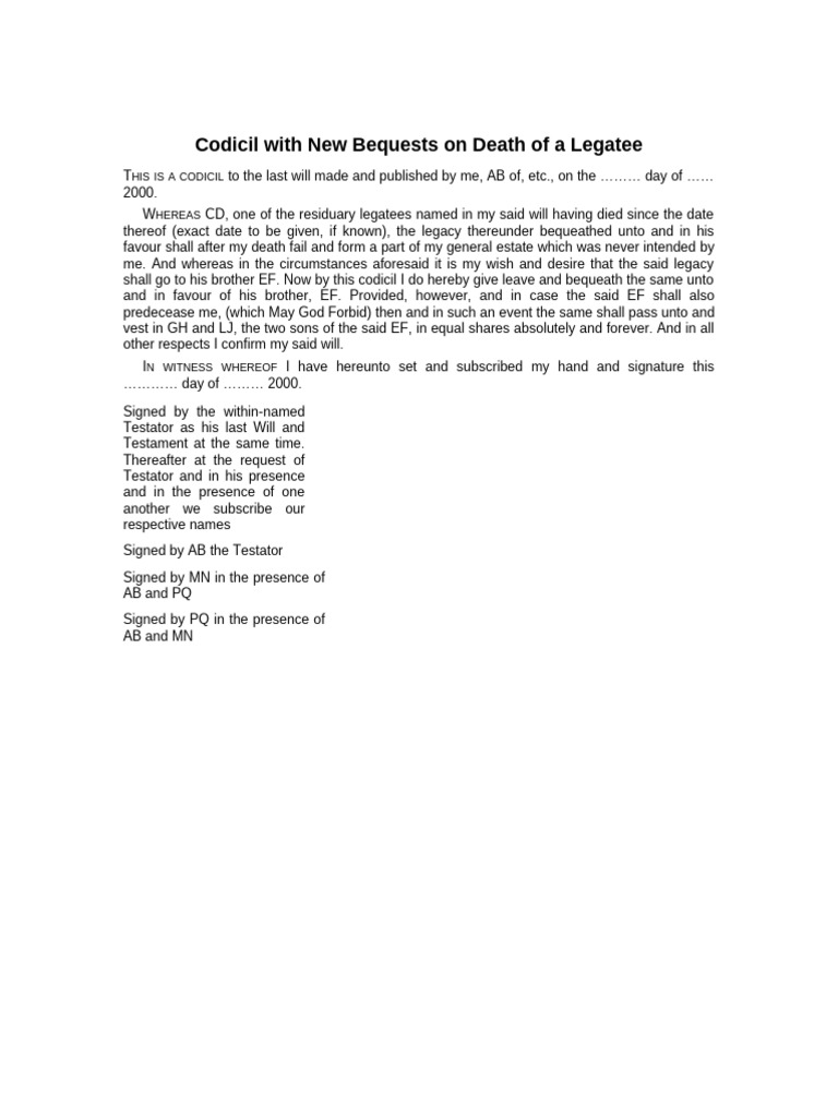 Codicil With New Bequests on Death of a Legatee | PDF