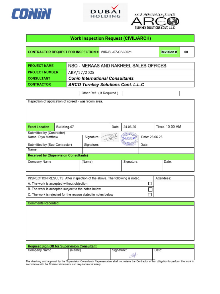 WIR-BL-07-CIV-0021- Inspection of Screeding Works Application at ...