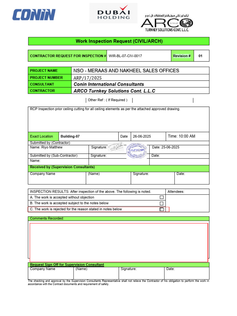 WIR-BL-07-CIV-0017-R01 - Inspection RCP Prior Ceiling Cutting for All ...