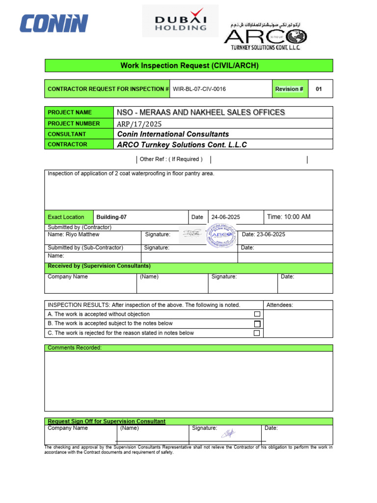 WIR-BL-07-CIV-0016-R01- Inspection of Application of Waterproofing in ...
