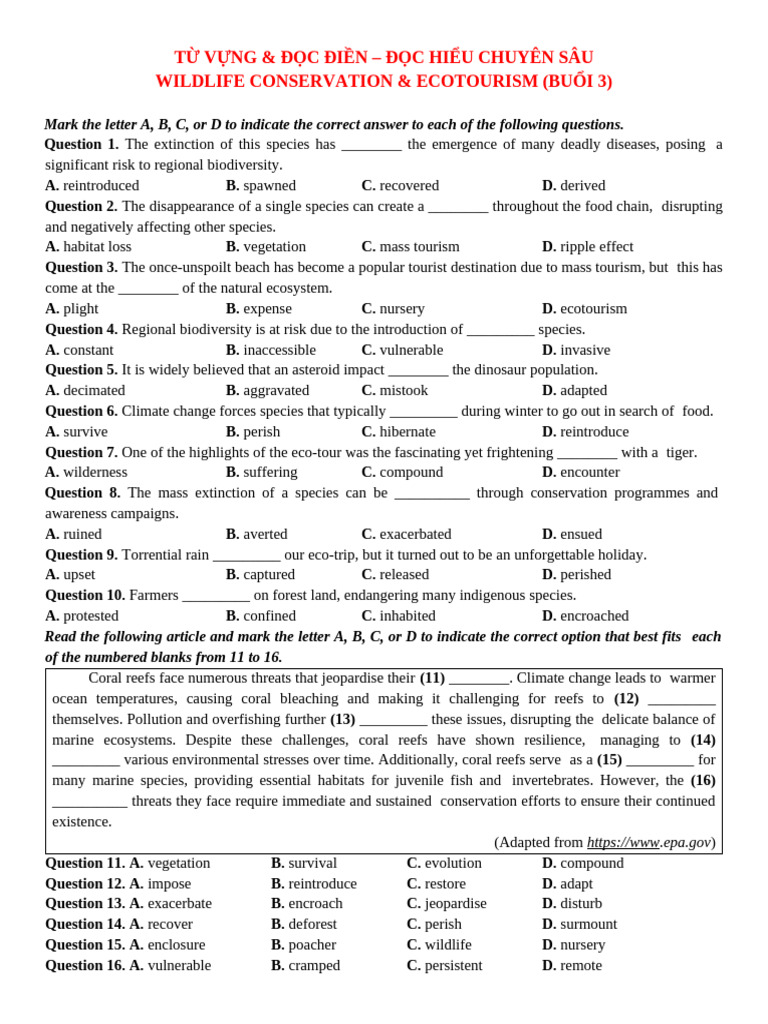 3.(HS).(BUỔI 3). WILDLIFE CONSERVATION & ECOTOURISM | PDF | Coral Reef ...