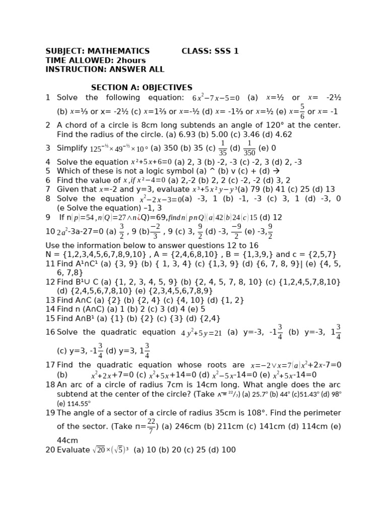 SSS 1 MATHEMATICS EXAM FOR SECOND TERM | PDF | Circle | Angle