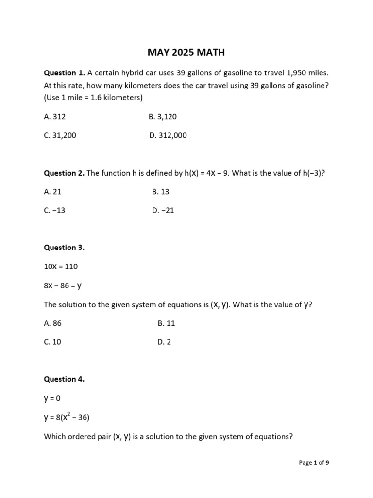 May 2025 Math | PDF | Numbers | Area