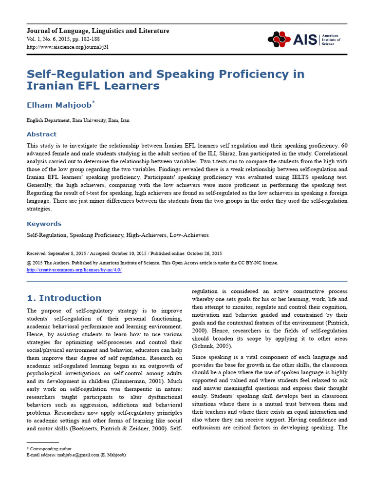 Self-Regulation and Speaking Proficiency in Iranian EFL Learners | PDF ...