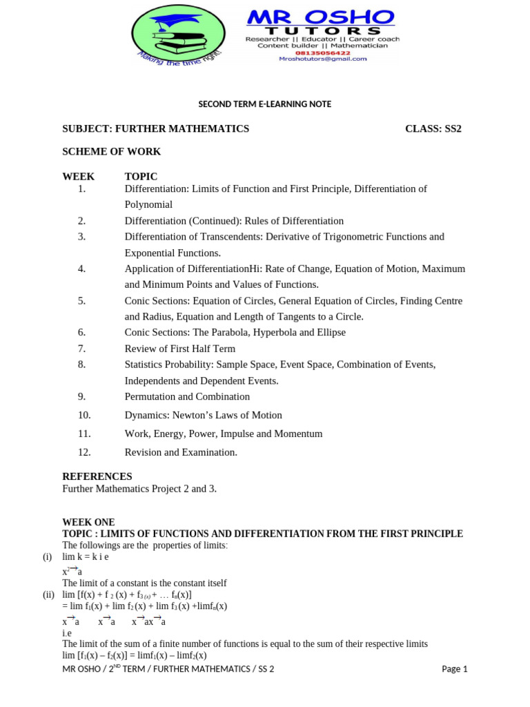 2ND TERM S2 FURTHER MATHEMATICS | PDF | Circle | Mathematics