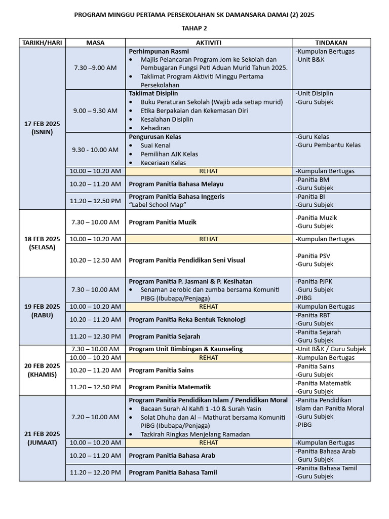 2025-Jadual Minggu Pertama Persekolahan Skdd2 | PDF
