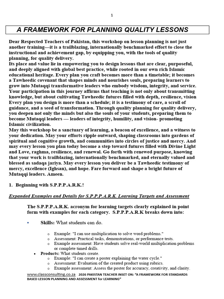 2026 PAKISTAN TEACHER INSET A FRAMEWORK FOR PLANNING LESSONS | PDF ...