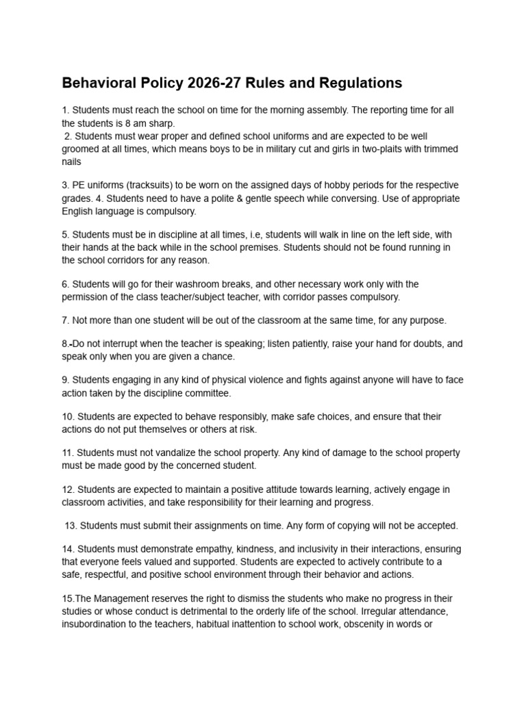 Behavioral Policy 2026-27 Rules and Regulations | PDF | Teachers ...