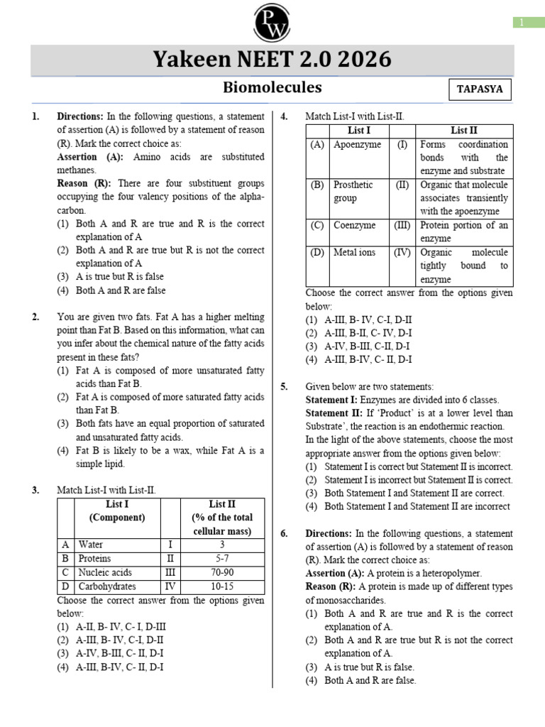 Biomolecules Tapasya Practice Sheet - Zoology by Samapti Mam | PDF ...