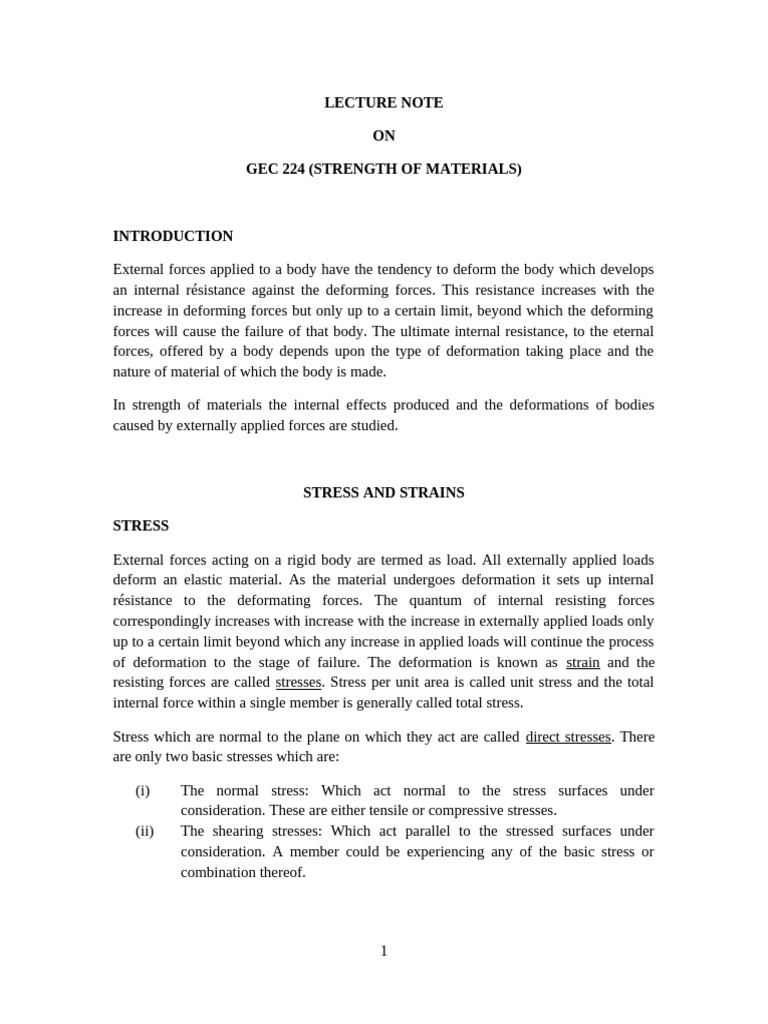 Lecture Note On Strength of Materials | PDF | Deformation (Engineering ...