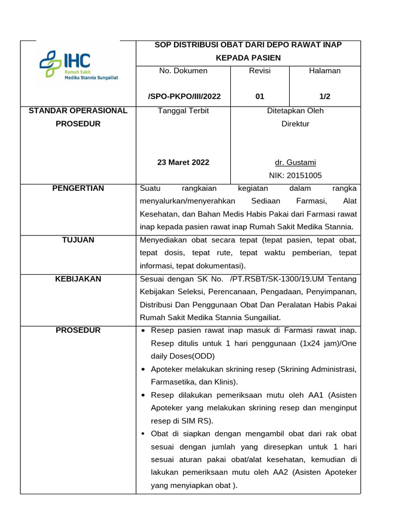 Spo Distribusi Obat Dan Alkes Ke Pasien Ranap | PDF