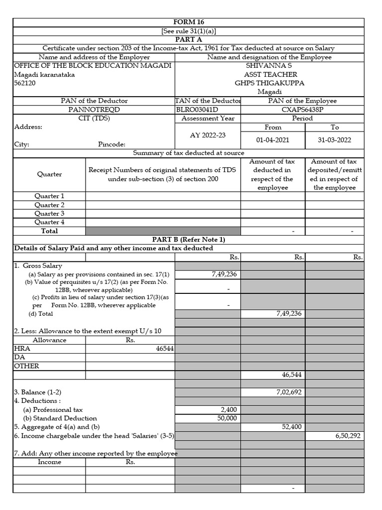 Form 16 TDS Certificate | PDF | Taxation | Government Finances