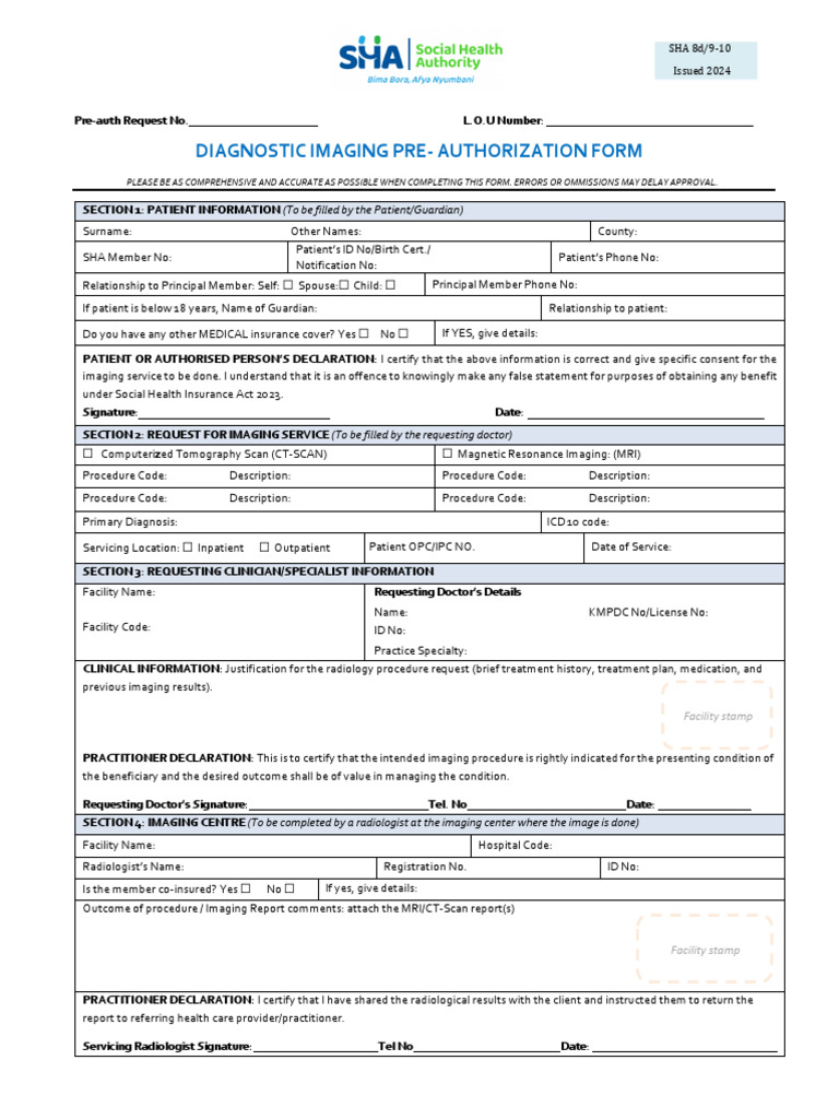Radiology Pre-Authorization Form Issued 2024 | PDF | Medical Imaging ...