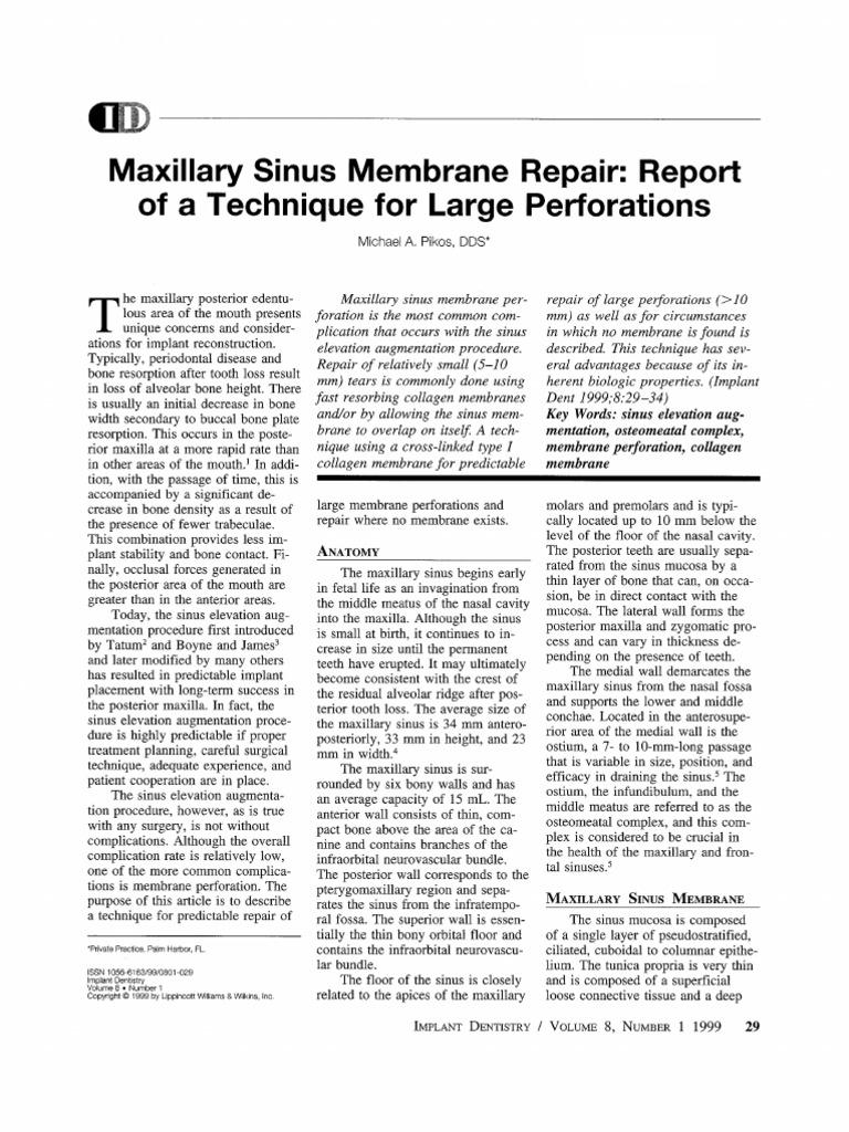 Maxillary Sinus Membrane Repair Report of a.3 | PDF