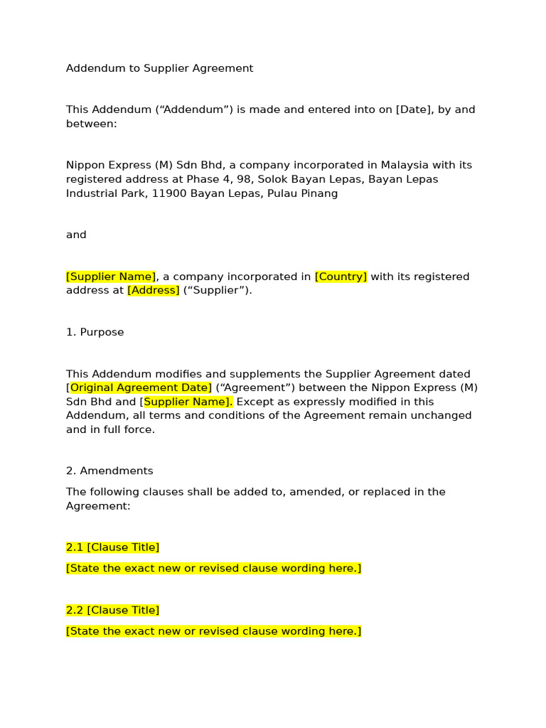 Addendum to Supplier Agreement (Template) | PDF